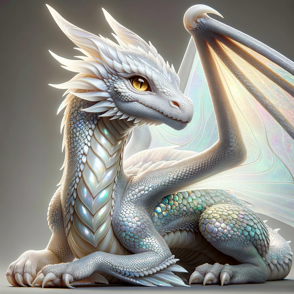 Andarna as a tiny pearlescent dragon with her natural scales