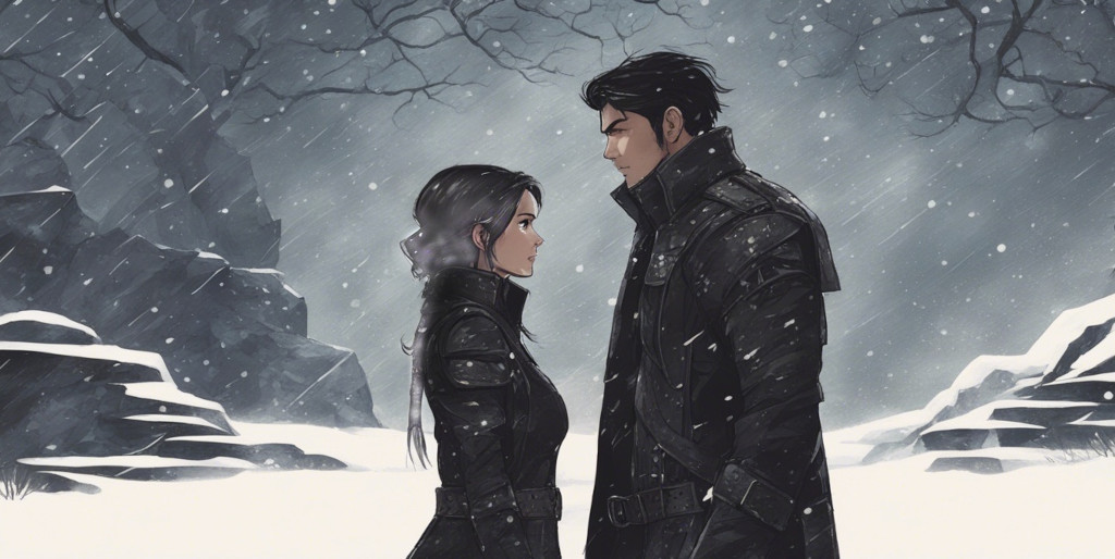 Violet and Xaden in the snow before the kiss