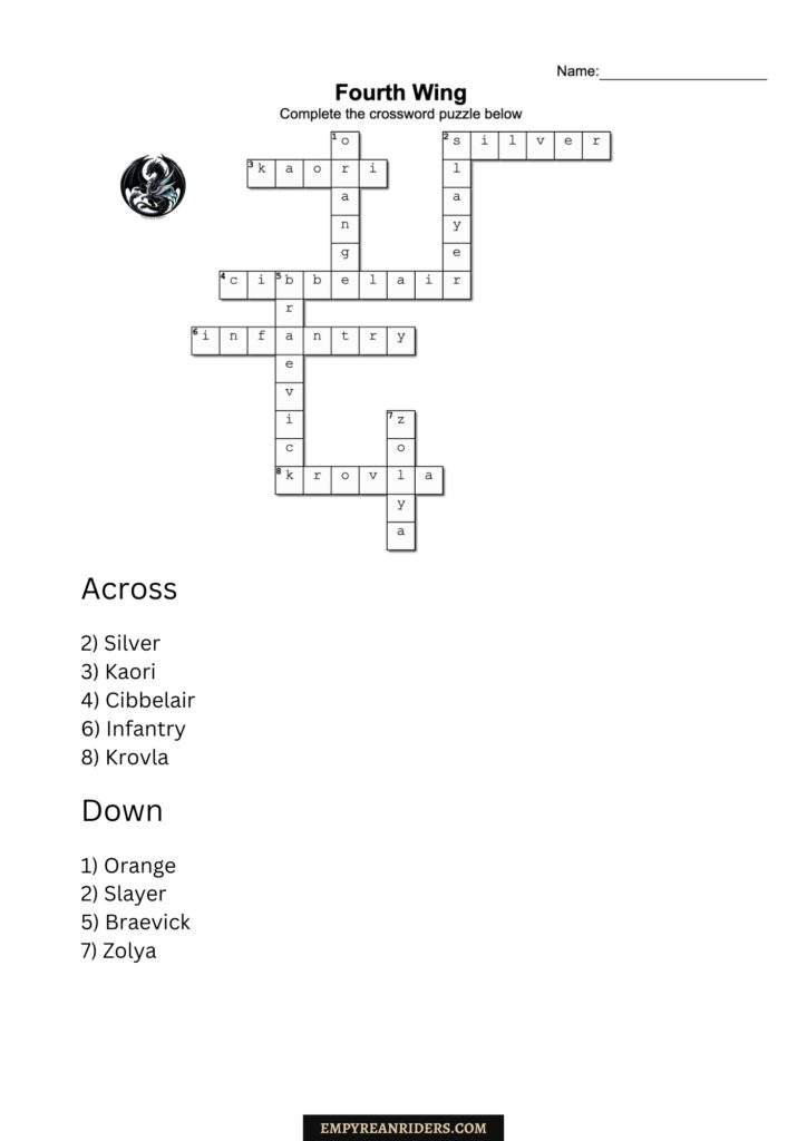 Fourth Wing and Iron Flame crosswords answers