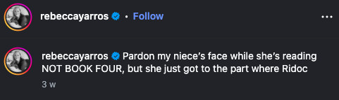 Rebecca Yarros comment regarding her niece reading about Ridoc